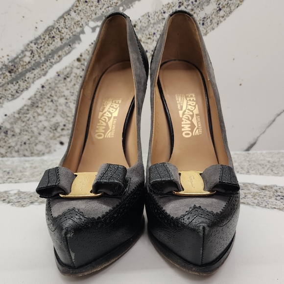 Ferragamo Vara Spectator Platform Pumps Gray Suede & Black Leather US 10, IT 40 - Picture 2 of 14